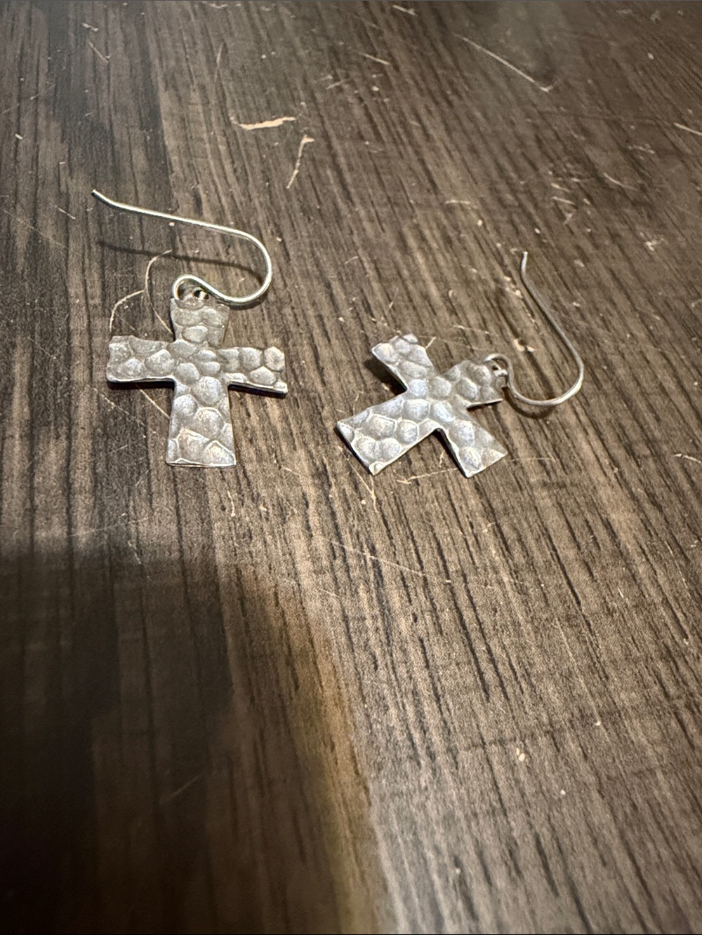 Hammered Cross Drop Earrings - Silver-Tone